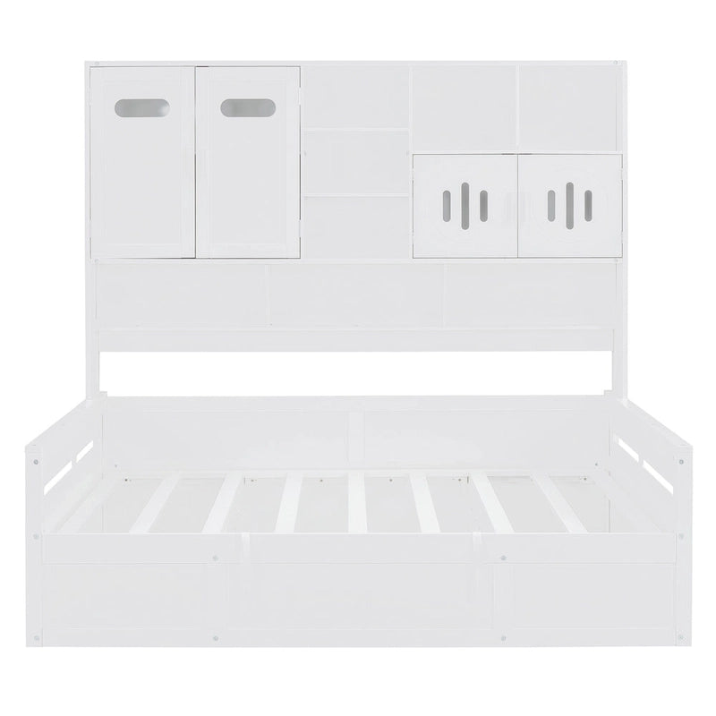 Lit de repos blanc pleine grandeur avec rangement hydraulique, armoire et étagère, simple