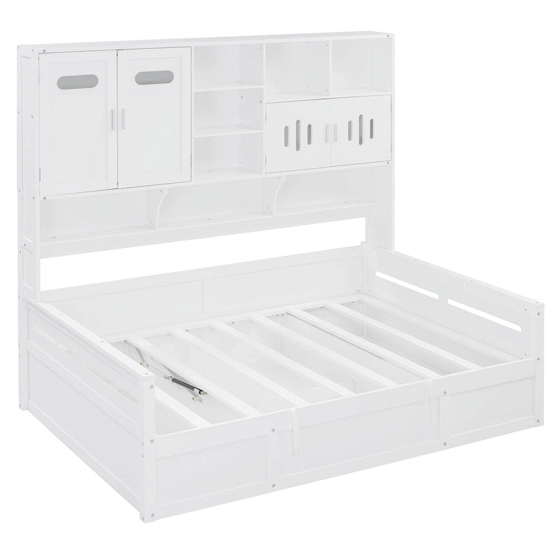 Lit de repos blanc pleine grandeur avec rangement hydraulique, armoire et étagère, simple