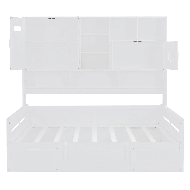 Lit de repos blanc pleine grandeur avec rangement hydraulique, armoire et étagère, simple