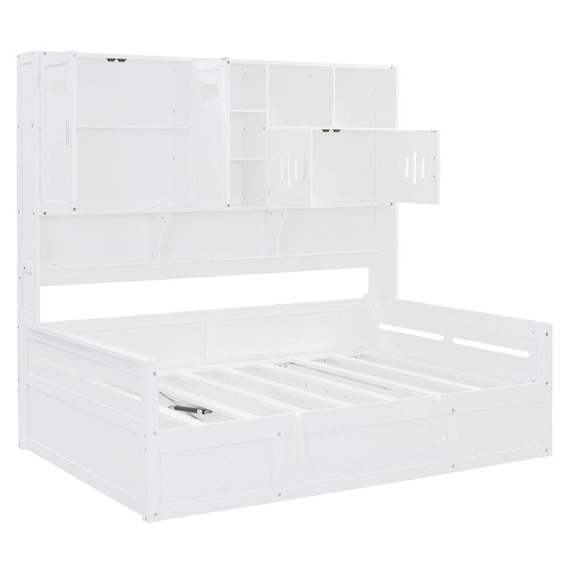 Lit de repos blanc pleine grandeur avec rangement hydraulique, armoire et étagère, simple
