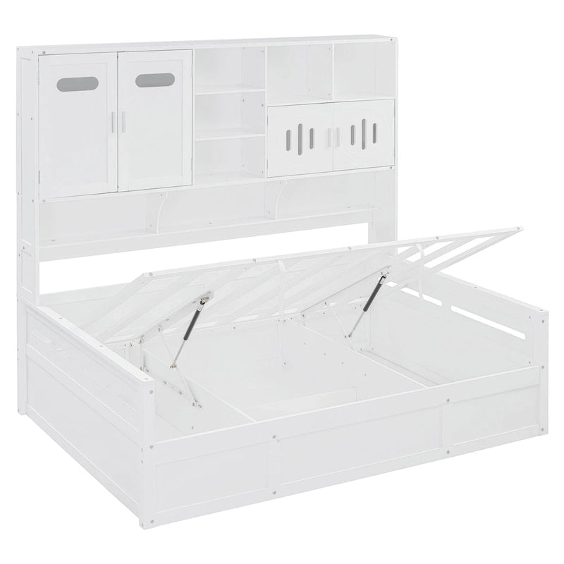 Lit de repos blanc pleine grandeur avec rangement hydraulique, armoire et étagère, simple
