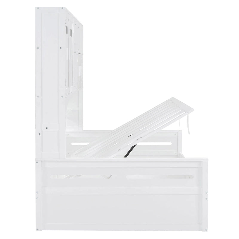 Lit de repos blanc pleine grandeur avec rangement hydraulique, armoire et étagère, simple