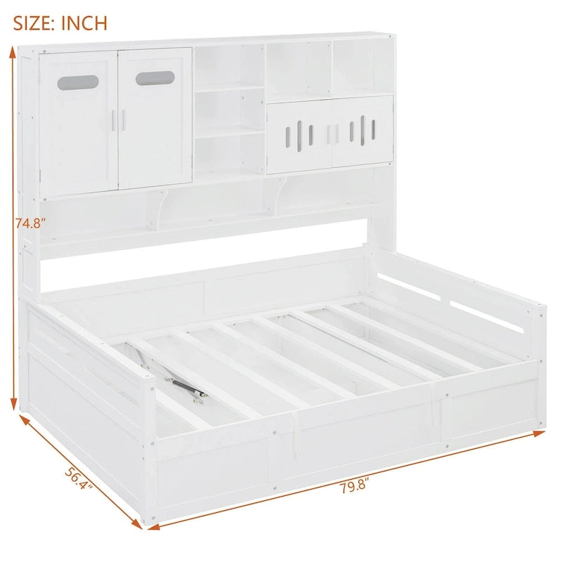 Lit de repos blanc pleine grandeur avec rangement hydraulique, armoire et étagère, simple