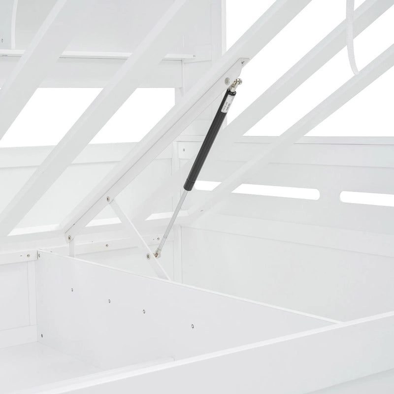 Lit de repos blanc pleine grandeur avec rangement hydraulique, armoire et étagère, simple