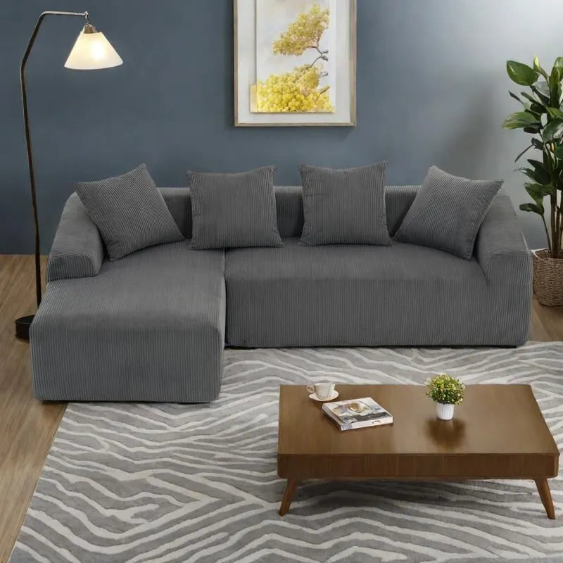 Canapé sectionnel d'angle 4 places en velours côtelé gris / gris clair / blanc avec méridienne