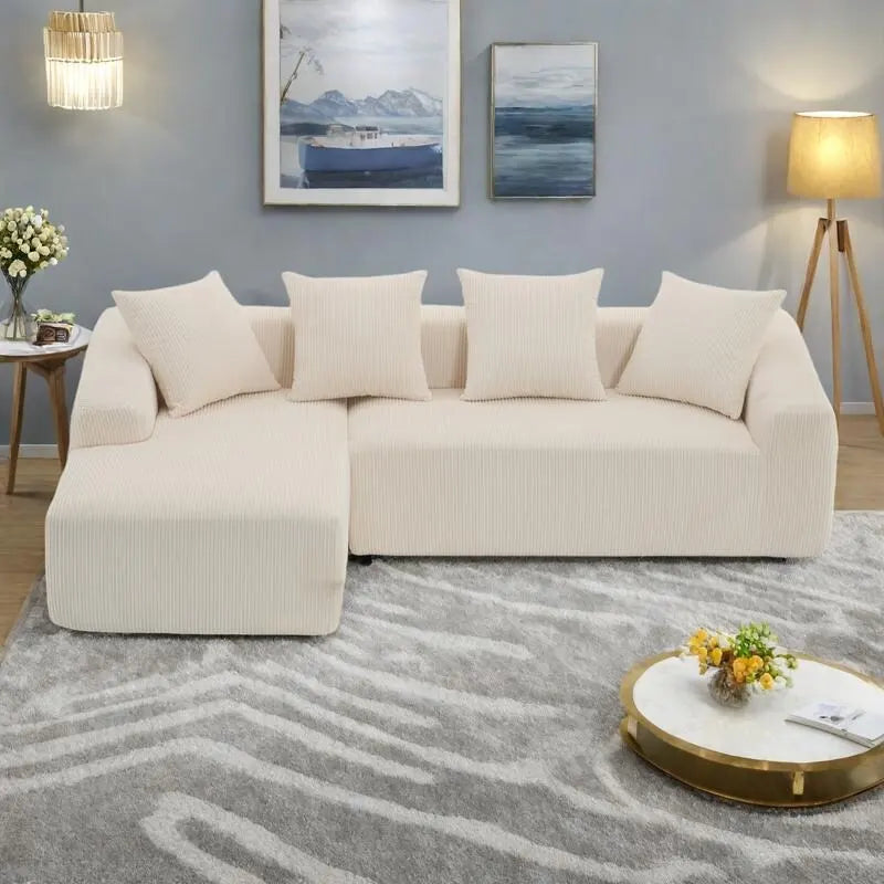 Canapé sectionnel d'angle 4 places en velours côtelé gris / gris clair / blanc avec méridienne