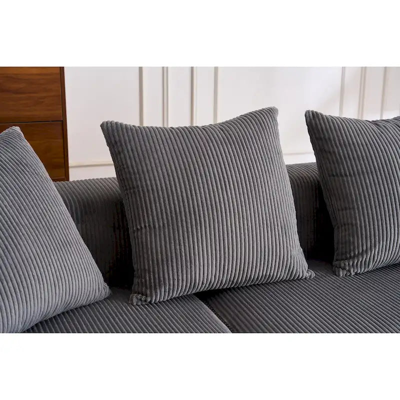 Canapé sectionnel d'angle 4 places en velours côtelé gris / gris clair / blanc avec méridienne