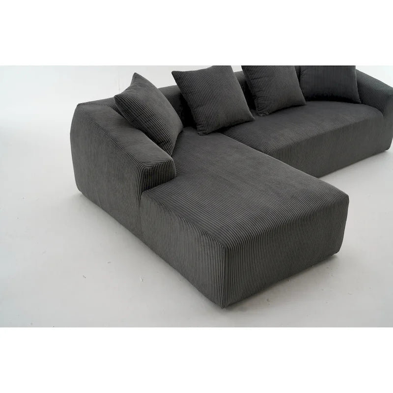 Canapé sectionnel d'angle 4 places en velours côtelé gris / gris clair / blanc avec méridienne