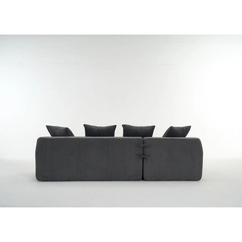 Canapé sectionnel d'angle 4 places en velours côtelé gris / gris clair / blanc avec méridienne