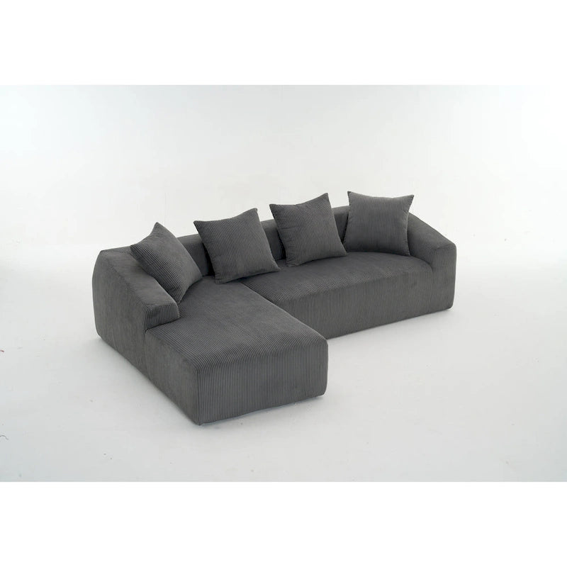 Canapé sectionnel d'angle 4 places en velours côtelé gris / gris clair / blanc avec méridienne