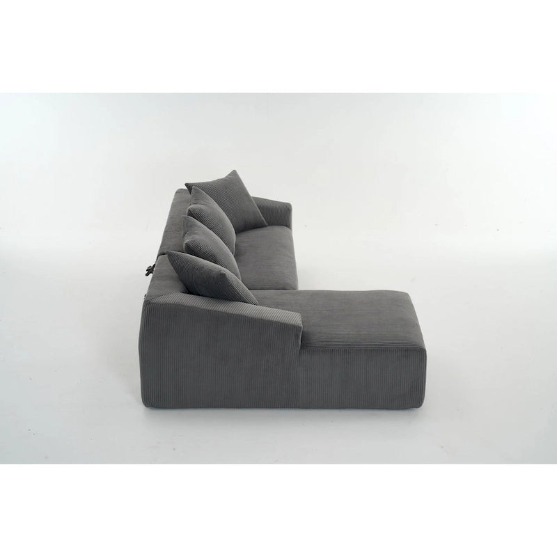 Canapé sectionnel d'angle 4 places en velours côtelé gris / gris clair / blanc avec méridienne