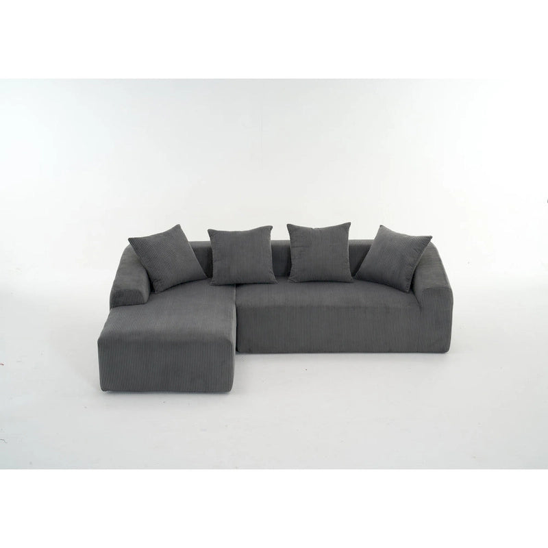 Canapé sectionnel d'angle 4 places en velours côtelé gris / gris clair / blanc avec méridienne