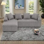 Canapé sectionnel d'angle 4 places en velours côtelé gris / gris clair / blanc avec méridienne