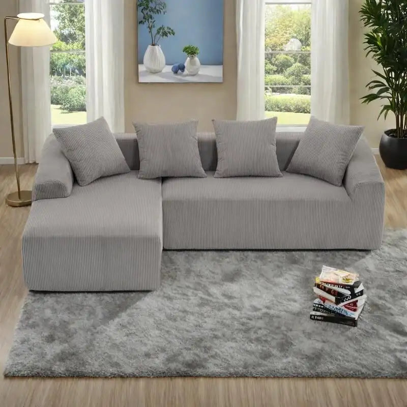 Canapé sectionnel d'angle 4 places en velours côtelé gris / gris clair / blanc avec méridienne