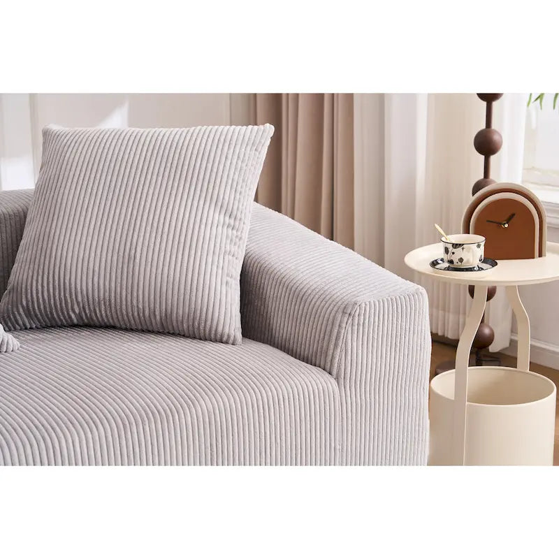 Canapé sectionnel d'angle 4 places en velours côtelé gris / gris clair / blanc avec méridienne