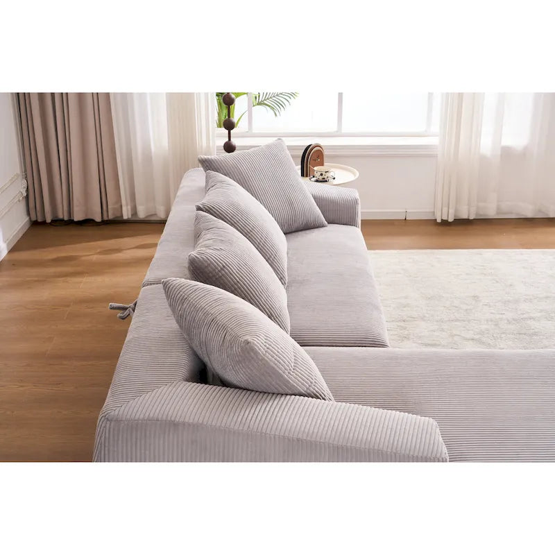 Canapé sectionnel d'angle 4 places en velours côtelé gris / gris clair / blanc avec méridienne