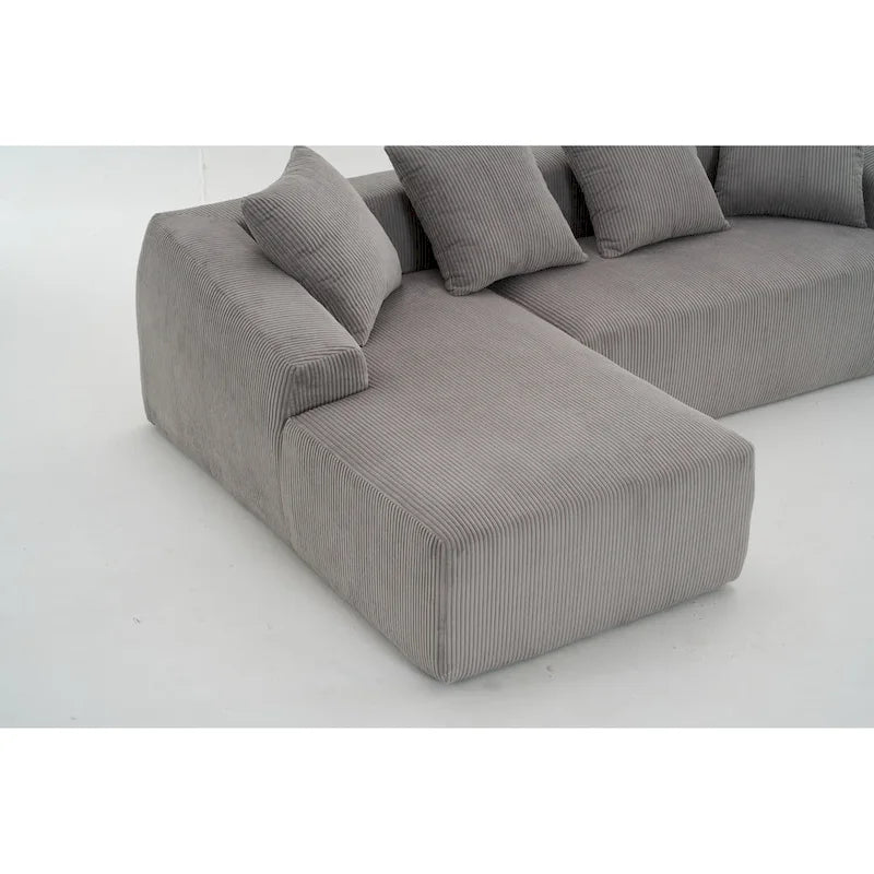 Canapé sectionnel d'angle 4 places en velours côtelé gris / gris clair / blanc avec méridienne