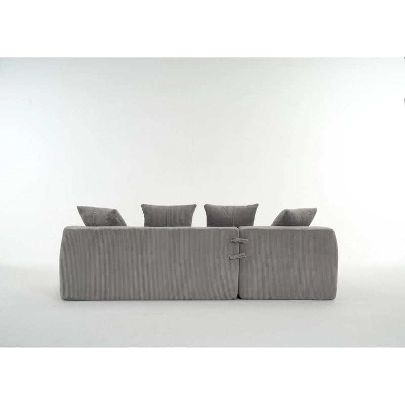 Canapé sectionnel d'angle 4 places en velours côtelé gris / gris clair / blanc avec méridienne
