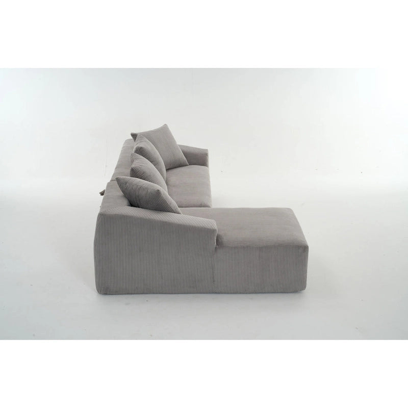 Canapé sectionnel d'angle 4 places en velours côtelé gris / gris clair / blanc avec méridienne