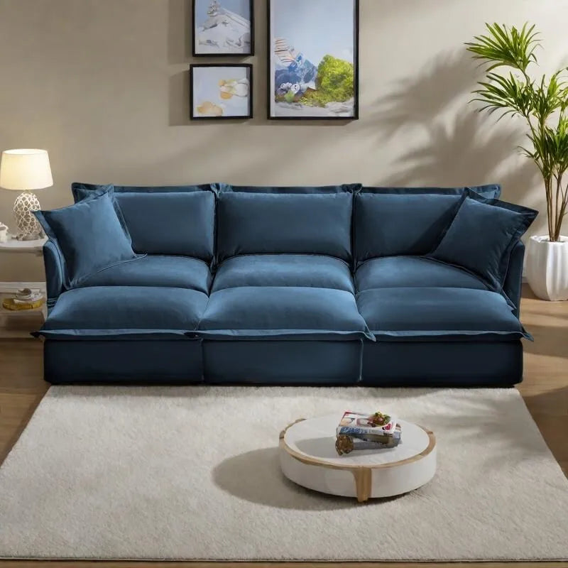 Canapé modulaire 3 places en velours côtelé bleu / crème / vert / noir avec 3 poufs et fonction couchage, pour 3 à 4 personnes