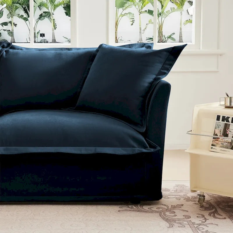 Canapé modulaire 3 places en velours côtelé bleu / crème / vert / noir avec 3 poufs et fonction couchage, pour 3 à 4 personnes