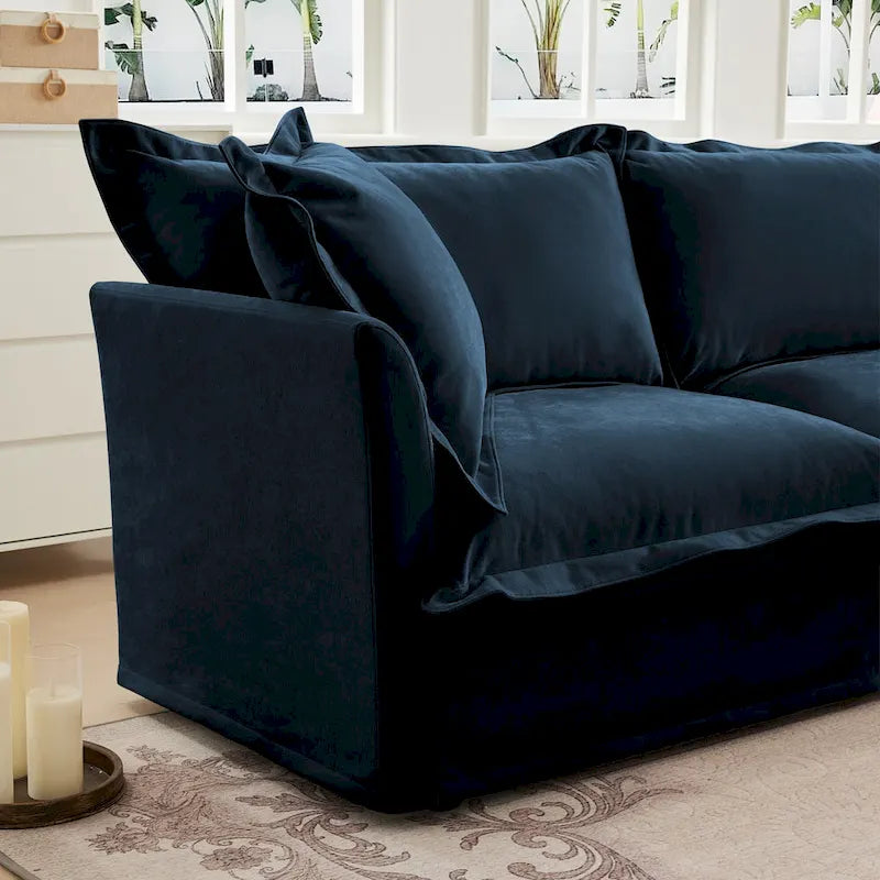 Canapé modulaire 3 places en velours côtelé bleu / crème / vert / noir avec 3 poufs et fonction couchage, pour 3 à 4 personnes