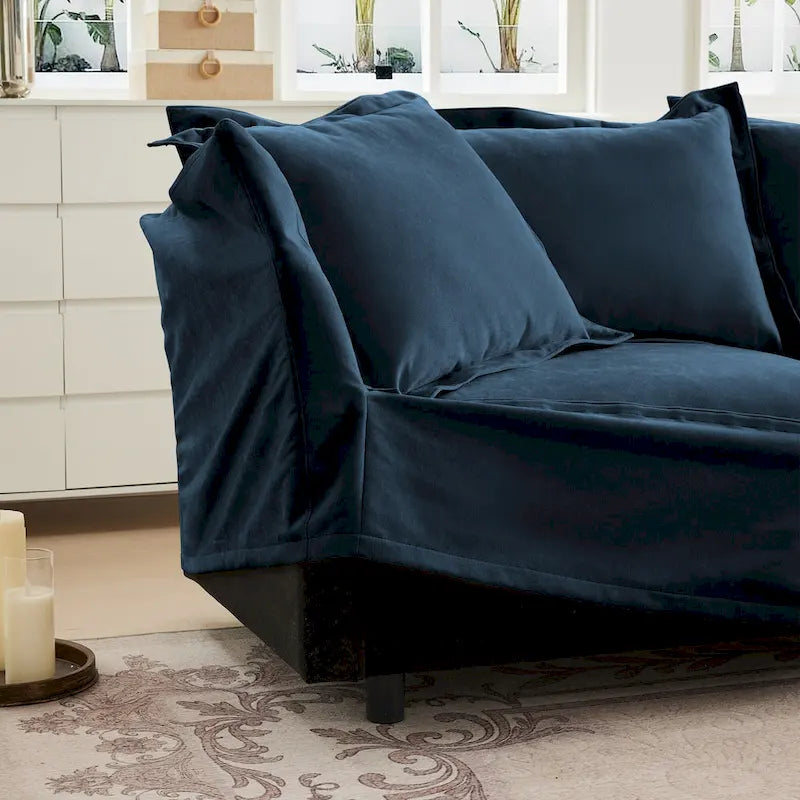 Canapé modulaire 3 places en velours côtelé bleu / crème / vert / noir avec 3 poufs et fonction couchage, pour 3 à 4 personnes