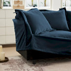Canapé modulaire 3 places en velours côtelé bleu / crème / vert / noir avec 3 poufs et fonction couchage, pour 3 à 4 personnes