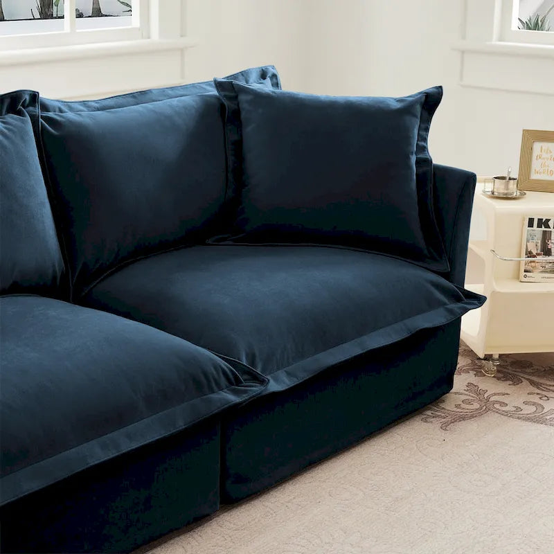 Canapé modulaire 3 places en velours côtelé bleu / crème / vert / noir avec 3 poufs et fonction couchage, pour 3 à 4 personnes