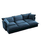 Canapé modulaire 3 places en velours côtelé bleu / crème / vert / noir avec 3 poufs et fonction couchage, pour 3 à 4 personnes