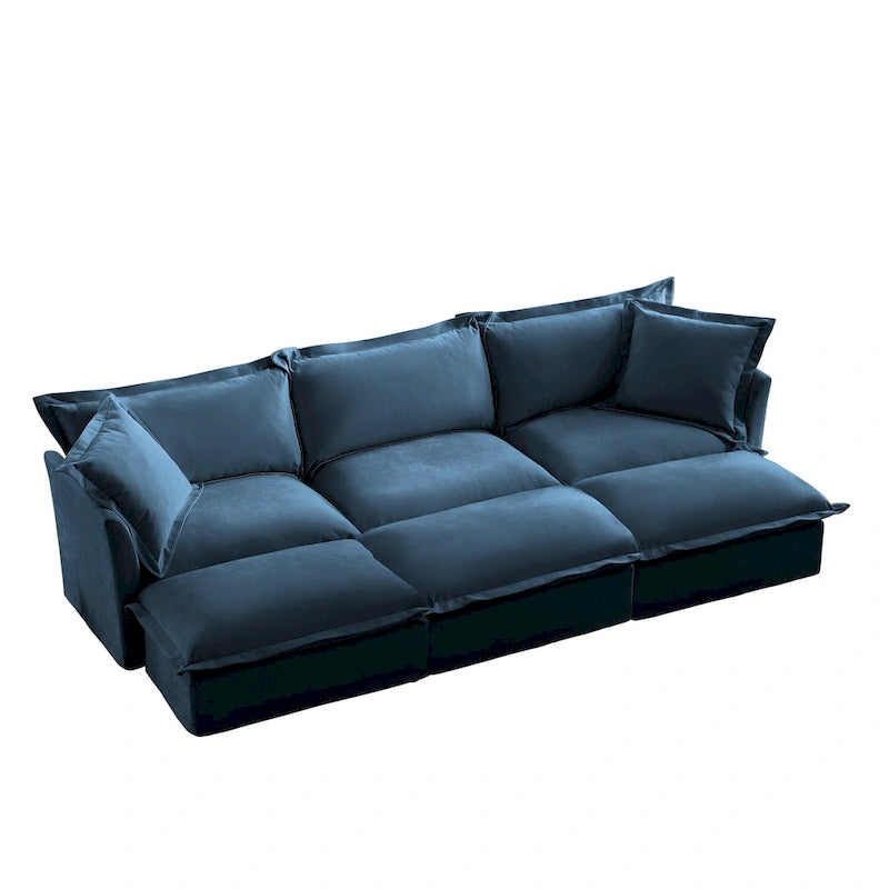 Canapé modulaire 3 places en velours côtelé bleu / crème / vert / noir avec 3 poufs et fonction couchage, pour 3 à 4 personnes