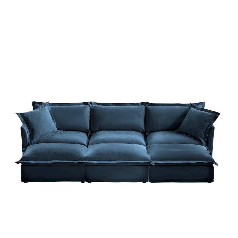 Canapé modulaire 3 places en velours côtelé bleu / crème / vert / noir avec 3 poufs et fonction couchage, pour 3 à 4 personnes
