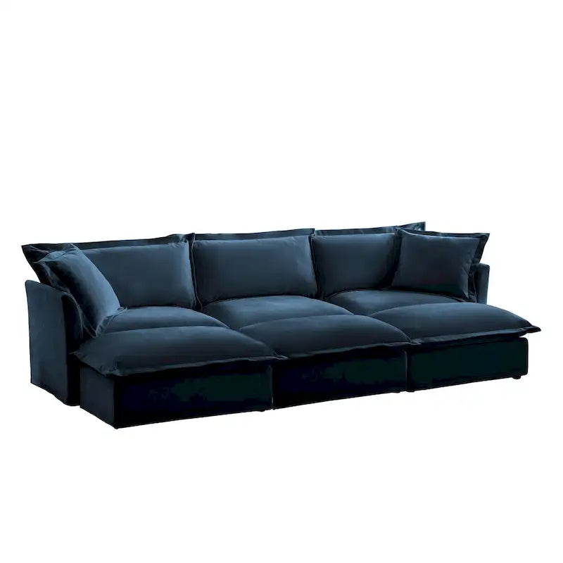 Canapé modulaire 3 places en velours côtelé bleu / crème / vert / noir avec 3 poufs et fonction couchage, pour 3 à 4 personnes
