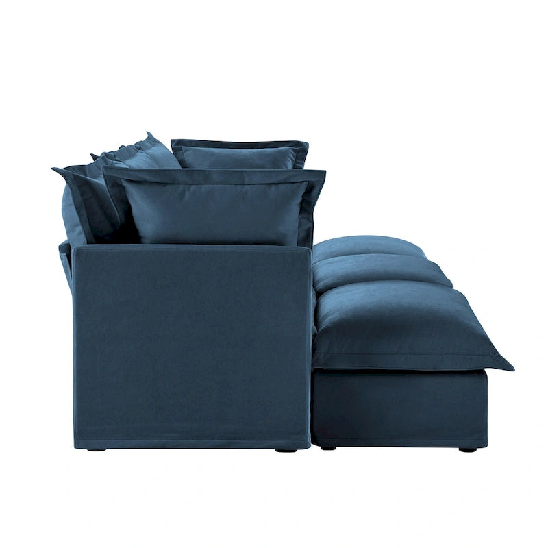 Canapé modulaire 3 places en velours côtelé bleu / crème / vert / noir avec 3 poufs et fonction couchage, pour 3 à 4 personnes