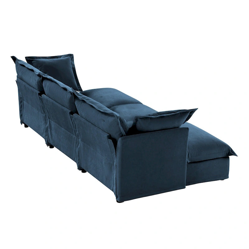 Canapé modulaire 3 places en velours côtelé bleu / crème / vert / noir avec 3 poufs et fonction couchage, pour 3 à 4 personnes