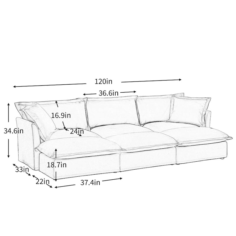 Canapé modulaire 3 places en velours côtelé bleu / crème / vert / noir avec 3 poufs et fonction couchage, pour 3 à 4 personnes