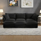 Canapé modulaire 3 places en velours côtelé bleu / crème / vert / noir avec 3 poufs et fonction couchage, pour 3 à 4 personnes