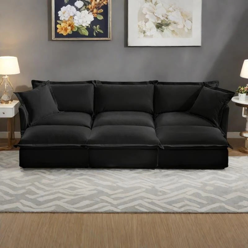 Canapé modulaire 3 places en velours côtelé bleu / crème / vert / noir avec 3 poufs et fonction couchage, pour 3 à 4 personnes