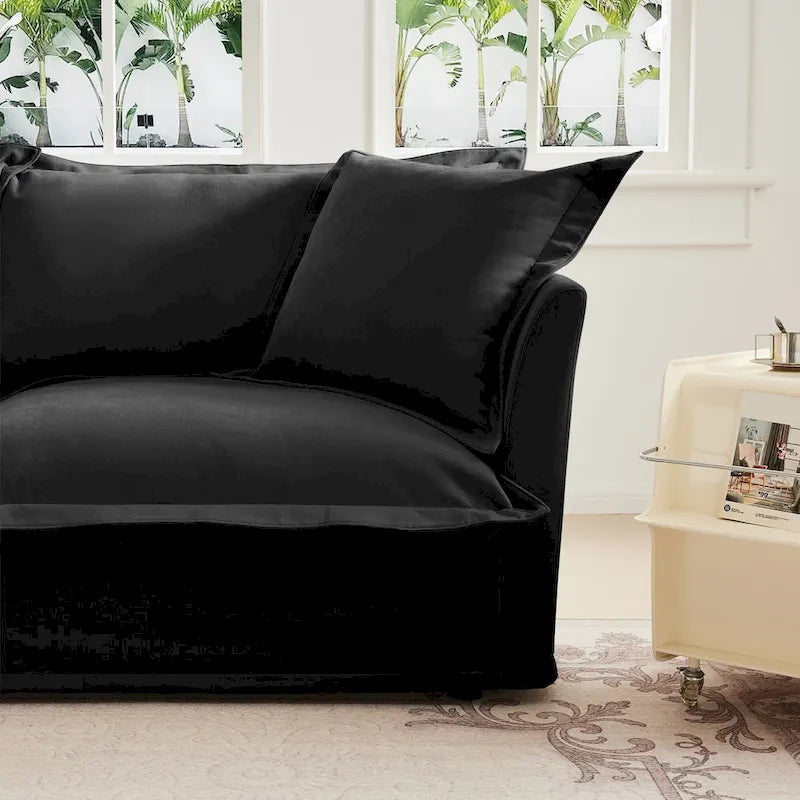 Canapé modulaire 3 places en velours côtelé bleu / crème / vert / noir avec 3 poufs et fonction couchage, pour 3 à 4 personnes