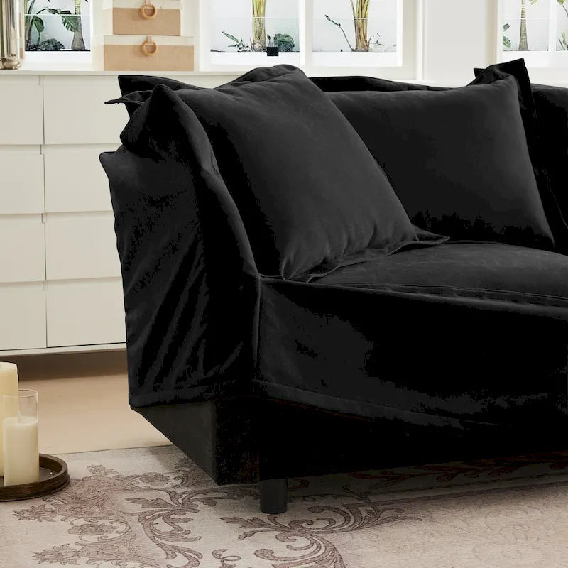 Canapé modulaire 3 places en velours côtelé bleu / crème / vert / noir avec 3 poufs et fonction couchage, pour 3 à 4 personnes