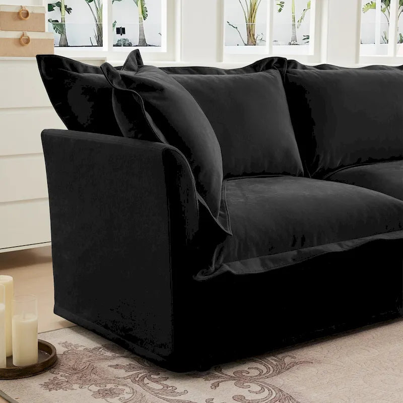 Canapé modulaire 3 places en velours côtelé bleu / crème / vert / noir avec 3 poufs et fonction couchage, pour 3 à 4 personnes