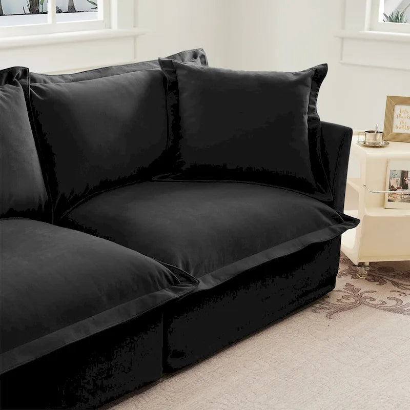 Canapé modulaire 3 places en velours côtelé bleu / crème / vert / noir avec 3 poufs et fonction couchage, pour 3 à 4 personnes