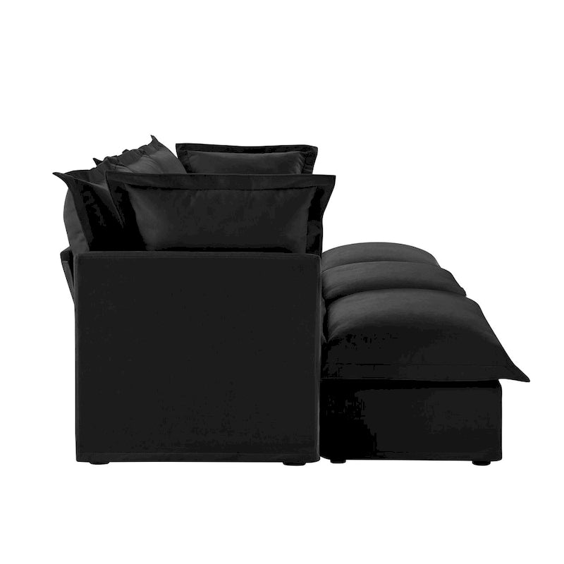 Canapé modulaire 3 places en velours côtelé bleu / crème / vert / noir avec 3 poufs et fonction couchage, pour 3 à 4 personnes