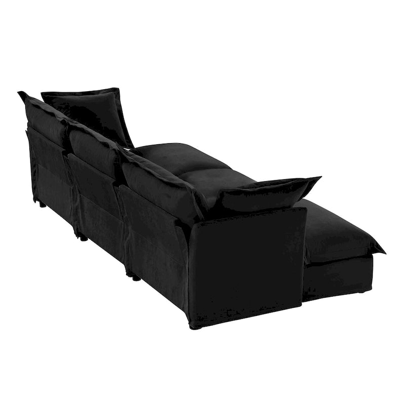 Canapé modulaire 3 places en velours côtelé bleu / crème / vert / noir avec 3 poufs et fonction couchage, pour 3 à 4 personnes