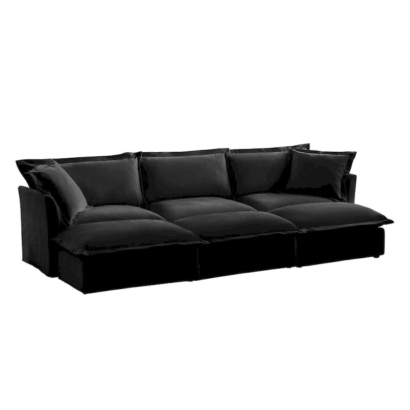 Canapé modulaire 3 places en velours côtelé bleu / crème / vert / noir avec 3 poufs et fonction couchage, pour 3 à 4 personnes