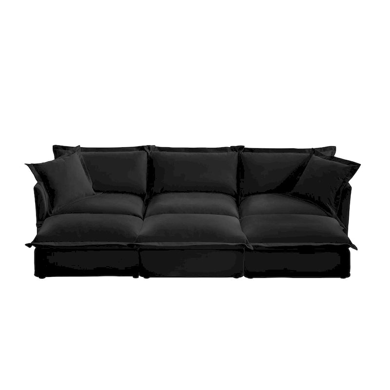 Canapé modulaire 3 places en velours côtelé bleu / crème / vert / noir avec 3 poufs et fonction couchage, pour 3 à 4 personnes