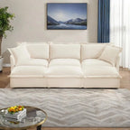 Canapé modulaire 3 places en velours côtelé bleu / crème / vert / noir avec 3 poufs et fonction couchage, pour 3 à 4 personnes
