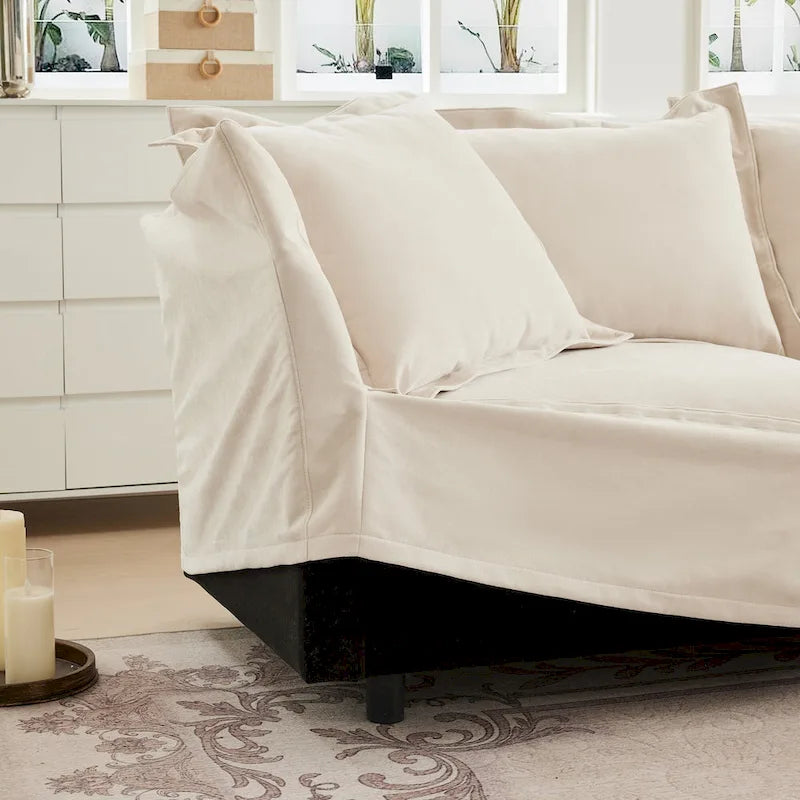 Canapé modulaire 3 places en velours côtelé bleu / crème / vert / noir avec 3 poufs et fonction couchage, pour 3 à 4 personnes