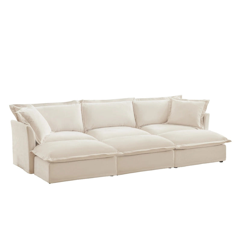 Canapé modulaire 3 places en velours côtelé bleu / crème / vert / noir avec 3 poufs et fonction couchage, pour 3 à 4 personnes