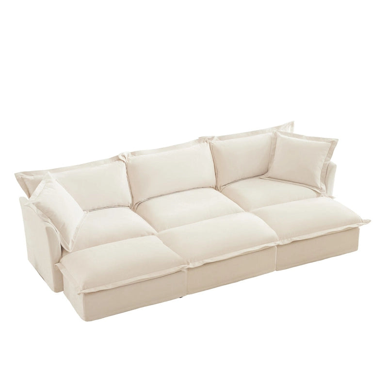 Canapé modulaire 3 places en velours côtelé bleu / crème / vert / noir avec 3 poufs et fonction couchage, pour 3 à 4 personnes